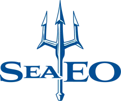 Blue trident logo with the text SeaEO beneath, symbolizing ocean exploration and technology.