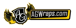 AGWraps.com logo with stylized AG initials on shield and yellow wings on black background