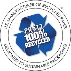 Blue recycling symbol with text indicating Pratt 100% recycled paper and dedication to sustainable packaging