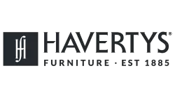 Havertys Furniture logo with black stylized 'hf' icon and text Est 1885 on transparent background