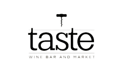 Black and white logo for Taste wine bar and market featuring a corkscrew above the word taste.