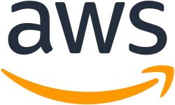 AWS logo with black lowercase letters and an orange curved arrow below, symbolizing cloud computing services.