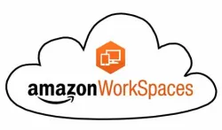 Amazon WorkSpaces logo inside a cloud outline with an orange hexagon showing computer and mobile icons.