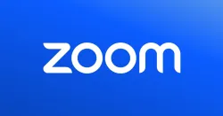 Zoom logo in white letters on a blue gradient background representing the video communication platform.