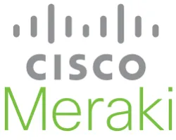 Cisco Meraki logo featuring grey and green text with a stylized signal icon above the name