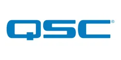 Blue QSC logo on a white background representing professional audio equipment brand.