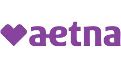Purple Aetna logo with a stylized heart symbol to the left of the company name