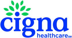 Cigna healthcare logo with blue text and green leaf design above the letter i