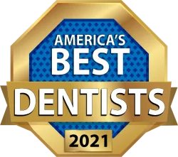 Gold and blue badge highlighting America's Best Dentists 2021 award with bold white text.