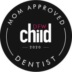 Black circular badge with white text Mom Approved Dentist around 'DFW child 2020' in center.