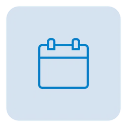 Blue calendar icon with two rings on a rounded square background in blue.