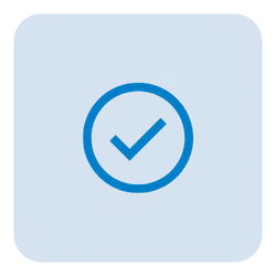 Blue checkmark inside a circle on a rounded square blue background symbolizing confirmation or approval.