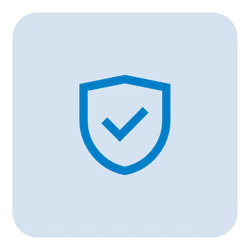 Blue shield icon with checkmark symbolizing security and protection on a rounded blue square background.