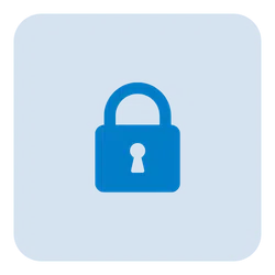 Blue padlock icon on a lighter blue square background symbolizing security and privacy.