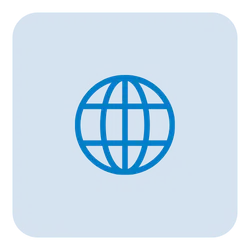 Blue globe icon with horizontal and vertical lines on a rounded blue square background symbolizing global network