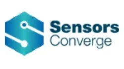 Sensors Converge logo featuring a blue hexagon with circuit lines and bold text beside it