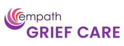 Empath Grief Care logo featuring purple and red crescent shapes and text on a white background