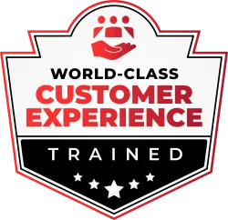Badge with red and black text stating World-Class Customer Experience Trained with five stars and human icon.