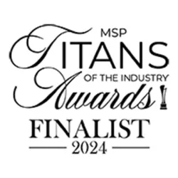 MSP Titans of the Industry Awards Finalist 2024 logo with elegant typography and trophy icon.
