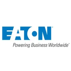 Eaton logo in blue with tagline Powering Business Worldwide on white background