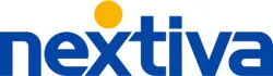 Nextiva logo with blue lowercase letters and an orange dot above the letter e on a white background