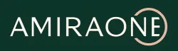 AmiraOne logo with bold white text on a dark green background and a pink circular design element.