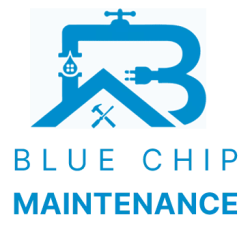 Blue Chip Maintenance logo with stylized house, plumbing pipe, electrical plug, and tools icons in blue.