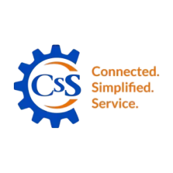 CSS logo with blue gear and orange swoosh alongside text Connected. Simplified. Service. in orange.