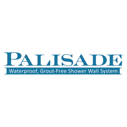 Palisade logo in blue with tagline Waterproof Grout Free Shower Wall System below the company name.