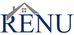 RENU logo with a blue bold font and a gray house roof icon on top of the letter R.