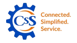 CSS logo with blue gear and orange swoosh alongside text Connected. Simplified. Service. in orange.