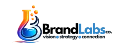 Colorful laboratory flask logo with blue liquid and bubbles next to Labs co text and slogan vision strategy connection