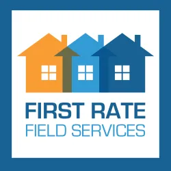 Logo with three colorful houses and text First Rate Field Services on white background framed in blue