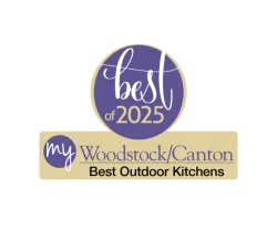 Best of 2025 award badge for Woodstock/Canton's Best Outdoor Kitchens in purple and beige colors.