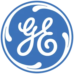 Blue circular General Electric logo with stylized white GE letters and ornamented border