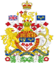 Pixelated Canadian coat of arms featuring a lion, unicorn, crown, and floral designs representing national symbols.