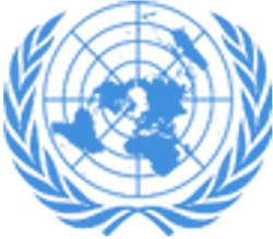 United Nations logo featuring olive branches and a world map in blue.