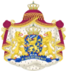 Royal crest featuring golden lions, crown, blue shield, and ornate red and gold drapery on white background