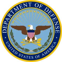 Seal of the United States Department of Defense with eagle, shield, arrows, and laurel wreath on blue background