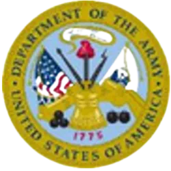 Seal of the United States Department of the Army with crossed weapons and flags over a blue background
