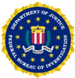FBI seal featuring an eagle, shield, and olive branches with a blue background and gold border.