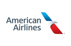 American Airlines logo with stylized red, white, and blue eagle wing design and text.