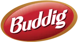 Buddig logo featuring white text on a red oval background with a gold border.