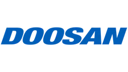 Blue Doosan logo with bold italic uppercase letters on a transparent background