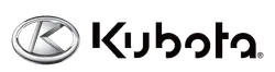 Kubota logo featuring a silver K emblem inside a circle with black Kubota text on the side.