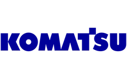 Blue Komatsu logo with bold capital letters on a transparent background