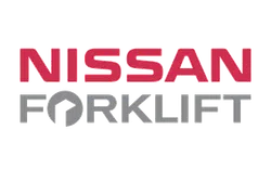 Nissan Forklift logo with red Nissan text and grey forklift graphic integrated into the word Forklift.