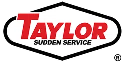 Taylor Sudden Service logo with bold red and black text inside a white and black outlined hexagonal shape.
