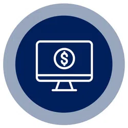 Computer monitor icon with dollar sign symbol representing online finance or digital payments in blue circle.