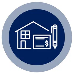 Icon of a house, check with dollar sign, and pen inside a blue circle with gray border symbolizing real estate payment.